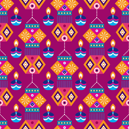 Traditional Indian festival Diwaliseamless pattern Happy Festival of lights Deepavali Template for textile, paper, cover Festive Burning diya graphic design background Vector abstract flat illustrationのイラスト素材
