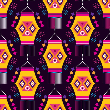 Traditional Indian festival Diwaliseamless pattern Happy Festival of lights Deepavali Template for textile, paper, cover Festive Burning diya graphic design background Vector abstract flat illustrationのイラスト素材
