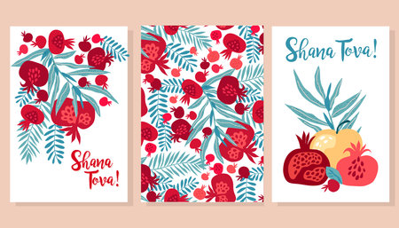 Rosh hashanah , Shana Tova - jewish new year holiday set cards template design. Pomegranate, honey, wine, menorah, candle, star David, apple, shofar, flower Vector flat icon illustrationのイラスト素材