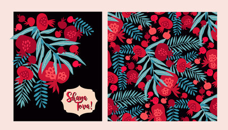 Rosh hashanah , Shana Tova - jewish new year holiday set cards template design. Pomegranate, honey, wine, menorah, candle, star David, apple, shofar, flower Vector flat icon illustrationのイラスト素材