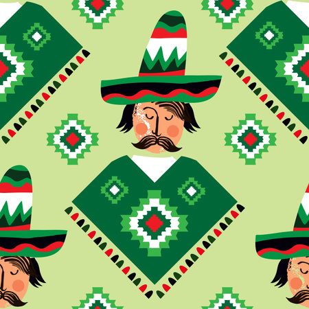 Mexican men seamless pattern with l sombrero, flower, pepper, laim, mexican food, latino elements Vector cartoon character template background illustrationのイラスト素材
