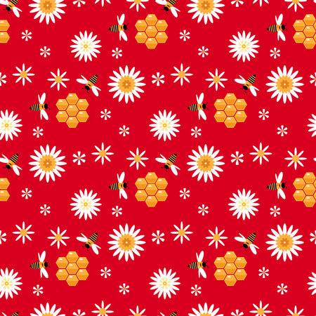 Summer flat cartoon seamless pattern with honeycomb, honey hive and bees. Creative kids texture for fabric, wrapping, textile, wallpaper Vector illustrationのイラスト素材
