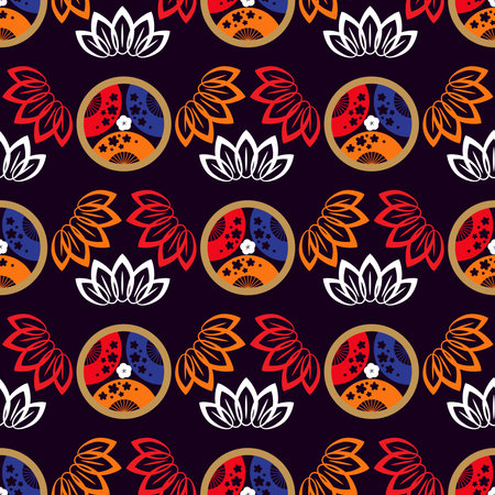 Beautiful japanese seamless pattern with clouds, waves plum, fan, sakura flower Vector template kimono texture. For print, packaging, textiles, paper, fabric, manufacturing, wallpaperのイラスト素材