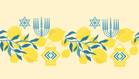 Happy Sukkot border seamless pattern template background. Jewish Feast of Tabernacles with sukkah, lemon, etrog, lulav, Arava, Hadas Vector icon illustrationのイラスト素材