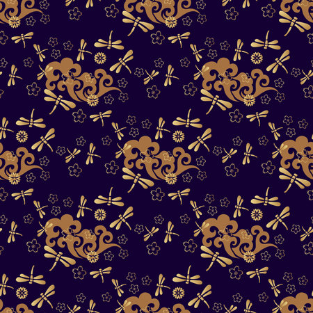 Beautiful japanese seamless pattern with dragonfiles. .Vector seamless asian texture.For printing on packaging, textiles, paper, manufacturing, wallpapers, scrapbookingのイラスト素材