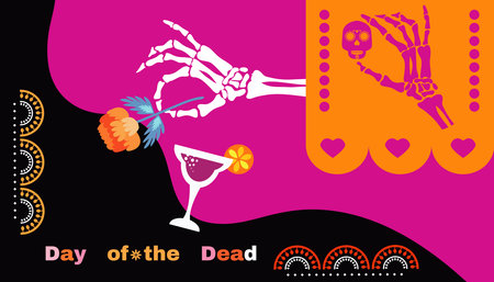Dia de Los Muertos, Day of the Dead or Halloween greeting card, banner, background. Sugar skulls, candle, maracas, guitar, sombrero, marigold flowers, Calavera la Catrina tradition skeleton decoration Vector illustrationのイラスト素材