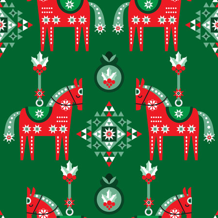 Merry Christmas Happy New Year seamless pattern with deer in forest. Holiday winter nordic background Vintage scandinavian deer, tree, ball, snowflake, geometric shapes. Vector flat illustrationのイラスト素材