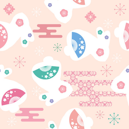 Awesome seamless pattern with cute rabbits, flowers, Daruma Happy japanese new year, 20023 - year of the Rabbit. Vector hand drawn illustration.のイラスト素材