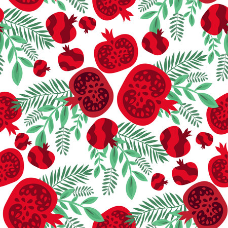 Beautiful seamless pattern with pomegranate fruit for modern design template background for textile, paper, fabric, interior decor, wrapping, wallpaper, packaging. vector illustrationのイラスト素材
