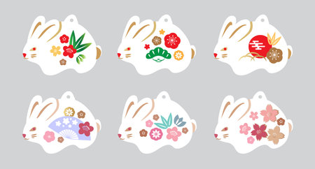 Cute New Year Rabbits Happy Chinese New Year 2023 - Year of the Rabbit Holiday amulet lusky symbol Zodiac cartoon characte.Isolated Vector set illustrationのイラスト素材