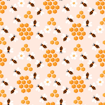 Summer flat cartoon seamless pattern with honecomb, honey hive and bees. Creative kids texture for fabric, wrapping, textile, wallpaper, apparel. Vector illustration.のイラスト素材