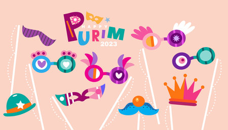 Purim - holiday jewish carnival Lettering in Hebrew translition " Happy Purim" celebration banner Carnival mask, Hamantashen, confetti, clown, garland, hat, firework, Purim Jewish festival concept Vector illustrationのイラスト素材