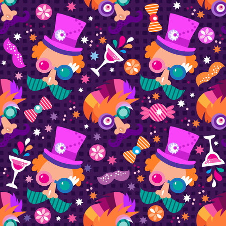 Carnival, Mardi Gras. Festive circus clown, rhomb ,mask seamless pattern for invitation, poster, website background, wrapping, textile Vector illustrationのイラスト素材