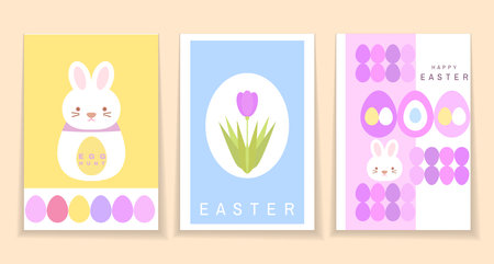 Happy Easter template set cards, banners, posters in flat cartoon style with easter eggs , spring flowersr, easter bunny Vector abstract art trendy modern illustration setのイラスト素材