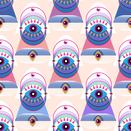 Awesome abstract modern seamless pattern with esoteric eye Magic, bauhaus occult symbol, sacred art Vector Template design graphic background illustrationのイラスト素材