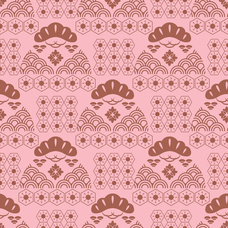 Traditional Japanese Seamless Pattern Background Fabric Patchwork with Waves, Sakura flowers, Chrysanthemum, Japan Style Icon Set Vector art vintage illustration for covers, packages, clothing, kimono, texileのイラスト素材