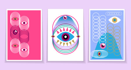 Modern abstract set cards esoteric eye , All-seeing eye Magic, occult symbol sign , sacred art Template design decor cover, poster, banner Vector graphic background illustrationのイラスト素材