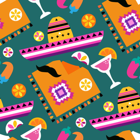 Happy Cinco de mayo template seamless pattern with guitar, sombrero, pepper, tequila, firework, pattern Translation from spanish - Cinco de Mayo - May 5 federal holiday in Mexico.Vector illustrationのイラスト素材