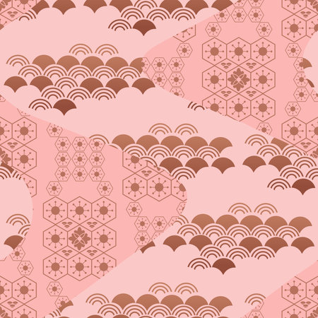 Traditional Japanese Seamless Pattern Background Fabric Patchwork with Waves, Sakura flowers, Chrysanthemum, Japan Style Icon Set Vector art vintage illustration for covers, clothing, kimono, texileのイラスト素材