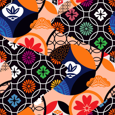 Traditional Japanese Seamless Pattern Background Fabric Patchwork with Waves, Sakura flowers, Chrysanthemum, Japan Style Icon Set Vector art vintage illustration for covers, packages, clothing, kimonoのイラスト素材