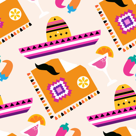 Happy Cinco de mayo template seamless pattern with guitar, sombrero, pepper, tequila, firework,...