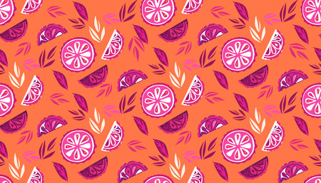 Lemon fruit summer seamless pattern background with various tropical fruits Cute vector hand drawn doodle art illustration for packaging design, cover, packages, clothing, textileのイラスト素材
