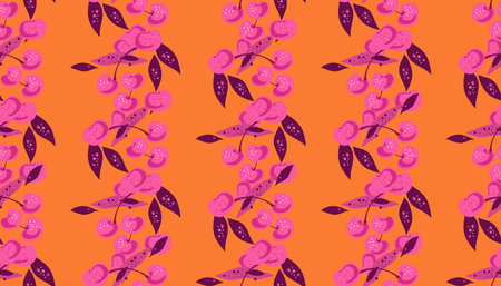 Cherry berry art seamless pattern background with fantasy summer tropical fruits Cute vector hand drawn doodle illustration for packaging design, cover, packages, clothing, textileのイラスト素材