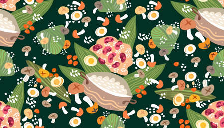 Happy Dragon Boat festival seamless pattern. Duanwu banner in the concept of traditional activities. Dragon, rice, zongzi dumplings, sachets Vector flat cartoon illustrationのイラスト素材