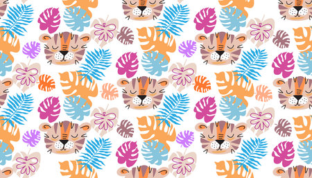Seamless childish pattern with cute tiger Use for textile, fabric, wallpaper, wall art, poster, surface design, fashion kids wear, baby shower. Vector doodle illustrationのイラスト素材