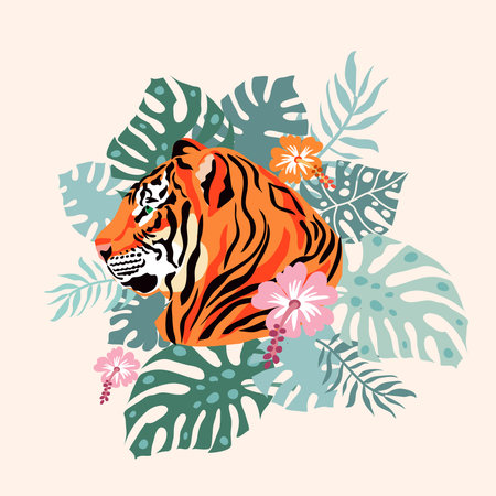 Tiger head animal in blossom tropical flowers and leaves , palm trees, monstera Vector wall art background hand drawn illustrationのイラスト素材