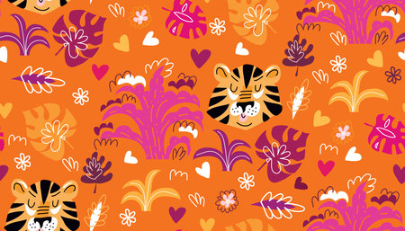 Seamless childish pattern with cute tiger Use for textile, fabric, wallpaper, wall art, poster, surface design, fashion kids wear, baby shower. Vector doodle illustrationのイラスト素材