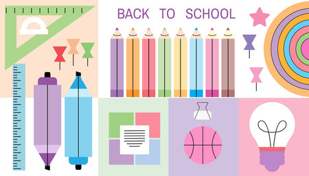 Back to school template design banner School stuff, supplies bundle. Stationery, items, accessories, folder, pencil, pen Flat vector illustrationのイラスト素材