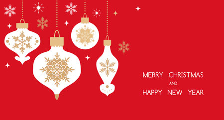 Merry Christmas and Happy New Year 2024 holiday template design banner, poster, card, cover. Gifts, ball toy, christmas tree, golden snowflake Modern Xmas flat cartoon cute vector illustrationのイラスト素材