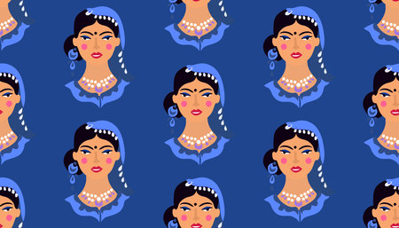 Beautiful seamless pattern indian asian texture with indian girls, background for textile, paper, cover Traditional ornament for holiday Diwali, Holi, Vesak Vector flat cute illustrationのイラスト素材