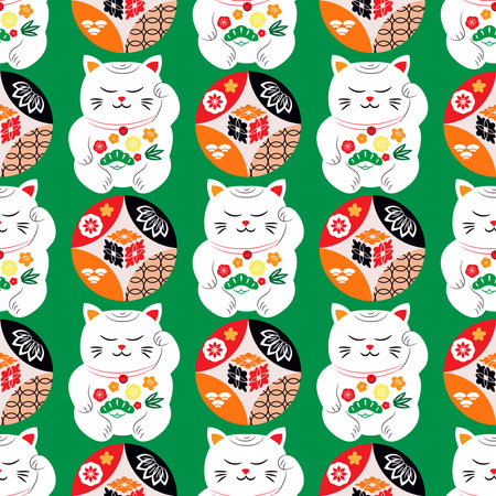 Awesome maneki-neko cats seamless pattern Modern cute japanese template texture with lucky charms - Maneki Neko Vector flat trendy illustrationのイラスト素材