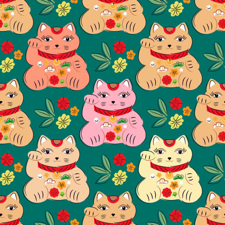 Awesome maneki-neko cats seamless pattern Modern cute japanese template texture with lucky charms - Maneki Neko Vector flat trendy illustrationのイラスト素材