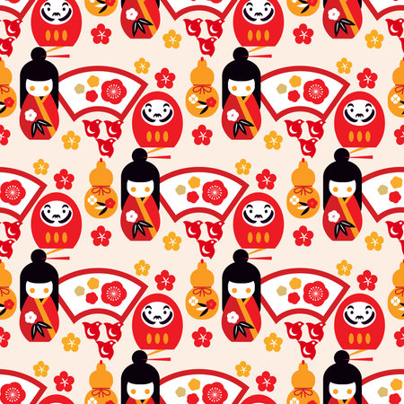 Awesomw japanese seamless pattern with wood dolls Kokeshi, Daruma, fans, sakura flowers, mountain Vector cute flat modern illustrationのイラスト素材