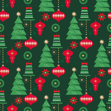 Merry Christmas Happy New Year seamless pattern Holiday winter nordic background Vintage scandinavian deer, tree, ball, snowflake, Vector flat illustrationのイラスト素材