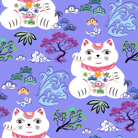 Awesome maneki-neko cats seamless pattern Modern cute japanese template texture with lucky charms - Maneki Neko Vector flat trendy illustrationのイラスト素材