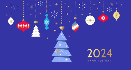 Merry Christmas and Happy New Year 2024 holiday template design banner, poster, card, cover Gifts, Santa, ball toy, christmas tree, snowflake Modern Xmas flat cartoon cute vector illustrationのイラスト素材
