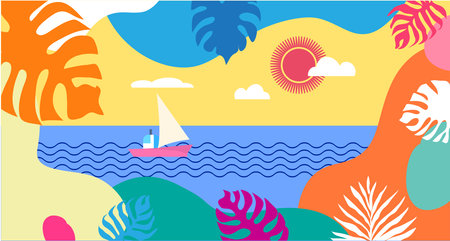 Summer concept design modern abstract background Summer marine landscape for bar, cafe or restaurant menu, poster, web-banner, social media Vector cute flat illustrationのイラスト素材