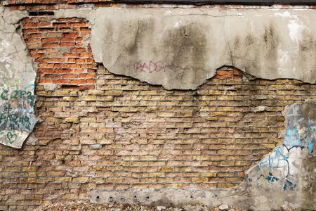 Red White Wall Background. Old Grungy Brickwork Horizontal Texture. Brickwall Backdrop. Structure With Broken Stucco And Plaster.の写真素材