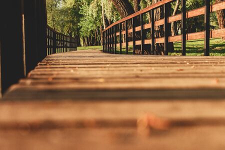 wooden bridge in the forest sunlight morningの写真素材