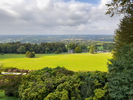 View of the meadows below TrÃ©varez Castle, Brittany, Franceの写真素材