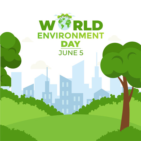 World Environment Day concept with trees and cityscape vector illustration graphic designのイラスト素材