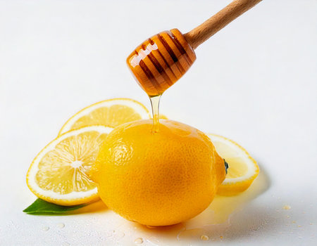 Dripping sweet honey from dipper onto fresh lemonの写真素材