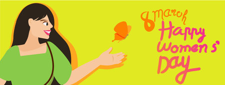 Happy Women's Day 8th March illustration, beautiful girl  smiling with celebration text quote.のイラスト素材