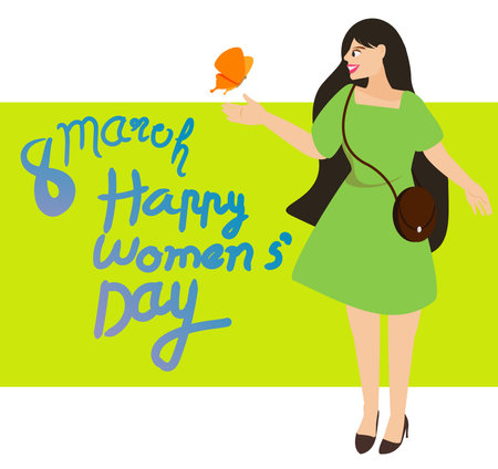Happy Women's Day 8th March illustration, beautiful girl  smiling with celebration text quote.のイラスト素材
