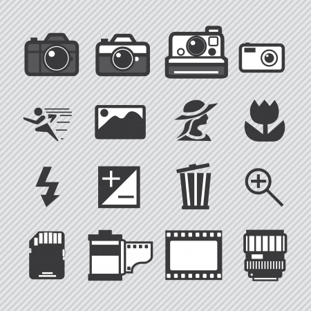 Photography camera lens and accessories set vector iconsのイラスト素材