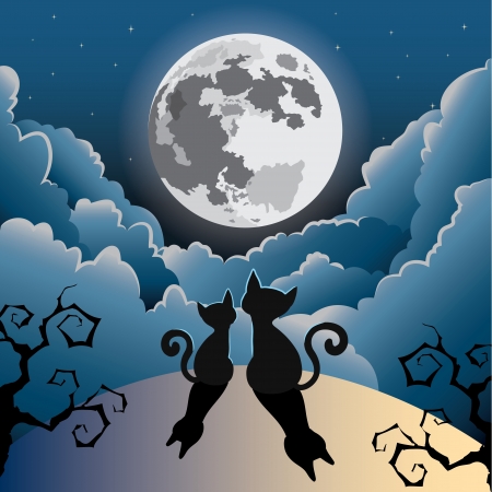 silhouette of two cute kitty cat under the full moon ,halloween vectorのイラスト素材